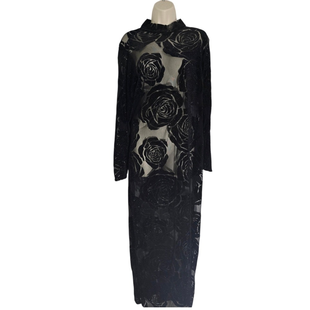 Ashley Stewart Black Rose Mesh Glitter Long Sleeve Mock Neck Maxi‎ Dress 14 16